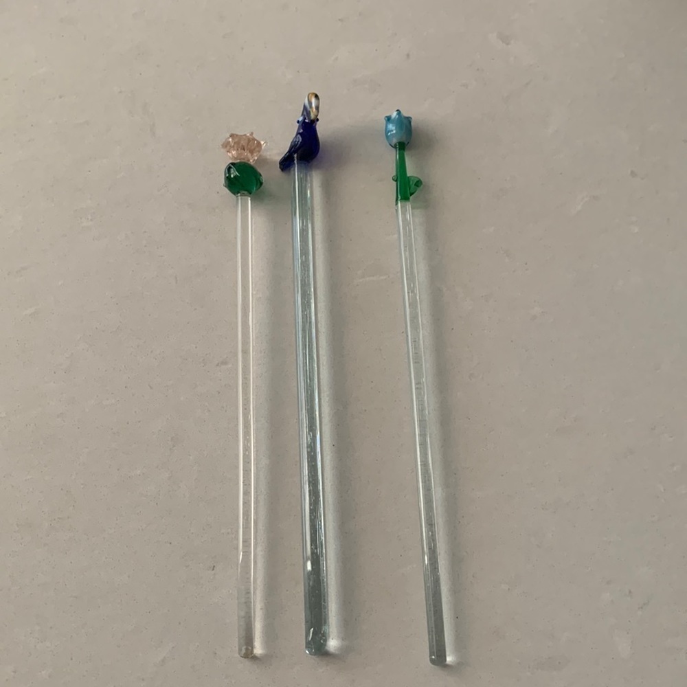 GLASS Swizzle Stir Cocktail Sticks. Set of 3- Vintage- Handmade.